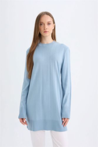 Kadın Açık Mavi Regular Fıt Bisiklet Yaka Tunik