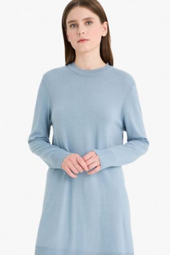 Regular Fit Bisiklet Yaka Yırtmaçlı Basic Düz Uzun Kollu Tunik