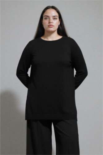 Regular Fit Bisiklet Yaka Yırtmaçlı Basic Düz Triko Kazak Tunik