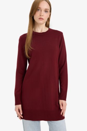 Regular Fit Bisiklet Yaka Yırtmaçlı Basic Düz Uzun Kollu Tunik