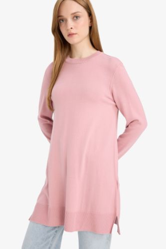 Regular Fit Bisiklet Yaka Yırtmaçlı Basic Düz Uzun Kollu Tunik
