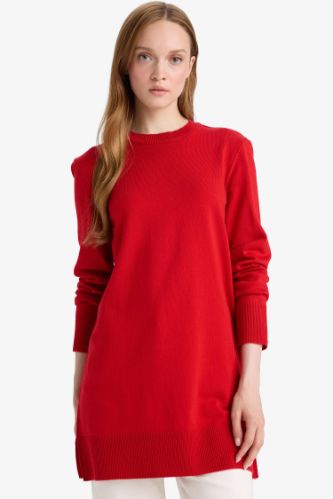 Regular Fit Bisiklet Yaka Yırtmaçlı Basic Düz Uzun Kollu Tunik
