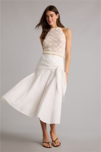 Kadın Kırık Beyaz A Kesim Normal Bel Poplin Midi Etek