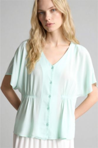 Kadın Mint Relaxed Fit Kısa kollu Krinkıl Gömlek