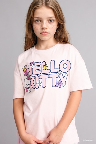 T-shirt Hello Kitty à col rond manches courtes Coupe décontractée pour fille