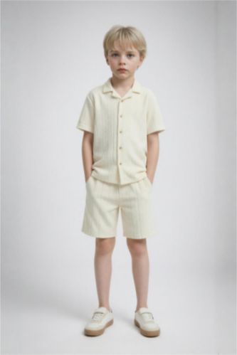 Erkek Çocuk - Genç Erkek Ekru Oversıze Polo Yaka Kısa Kollu Polo Tişört Erkek Çocuk