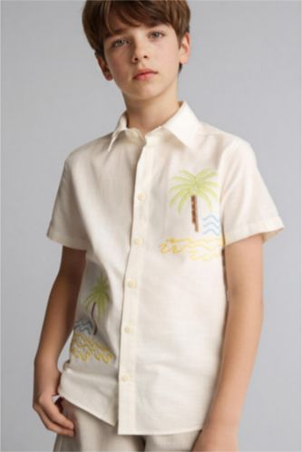 BOYS & TEENS Ecru Oversize Fit Tropical Patterned Short Sleeve Shirt