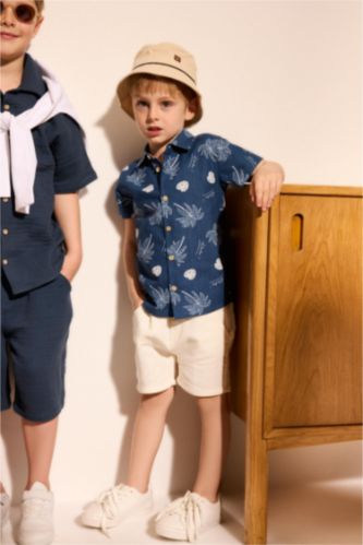 BABY BOY Dark Blue Baby Boy Oversize Fit Tropical Patterned Short Sleeve Shirt