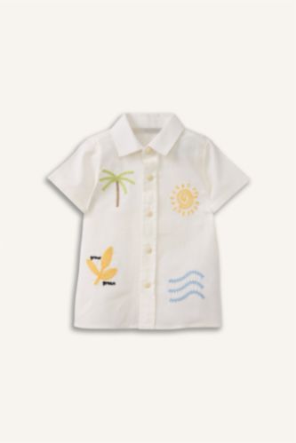 Erkek Bebek Ekru Tropikal Desenli Gömlek Erkek Bebek