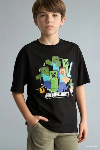 %100 Pamuk Minecraft Oversıze Bisiklet Yaka Kısa Kollu Tişört Erkek Çocuk