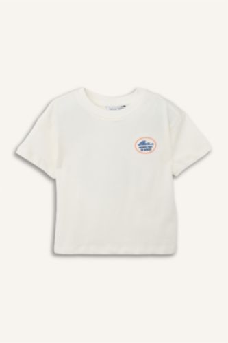 Erkek Bebek Kırık Beyaz Oversıze Palmiye Desenli Kısa Kollu Tişört Erkek Bebek