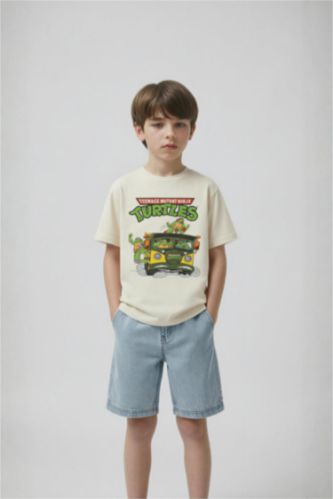 Erkek Çocuk - Genç Erkek Ekru Nınja Turtles-Retro New Regular Fıt Bisiklet Yaka Kısa Kollu Tişört Erkek Çocuk