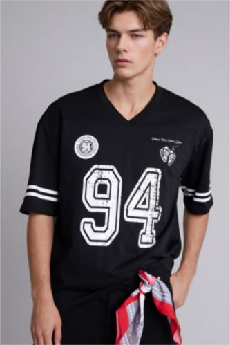 Erkek Siyah Loose Fıt Baskılı Kısa Kollu Tişört