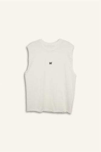 Erkek Ekru Boxy Fıt Slogan Desenli Bisiklet Yaka Atlet