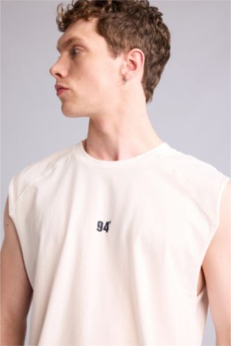 MAN Ecru Boxy Fit Slogan Pattern Crew Neck Short Sleeve Tank Top