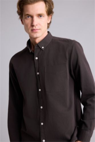 Erkek Kahve Regular Fıt Polo Yaka Pamuklu Uzun Kollu Gömlek