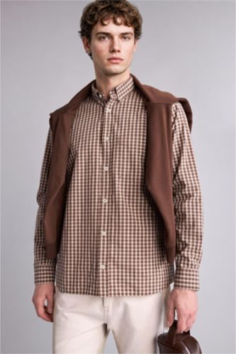 Erkek Kahve Regular Fit Uzun kollu Pamuklu Gömlek