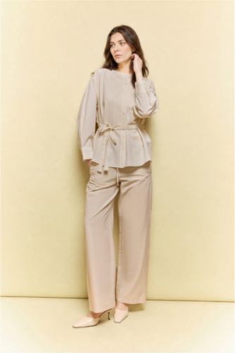 FEMME Beige Tunique rayée à col rond manches longues Coupe régulière
