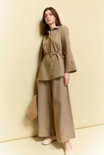 WOMAN Light Khaki Culotte Fit Linen Blended Trousers