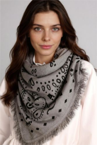 Kadın Gri Kadın Şal Desenli Atkı