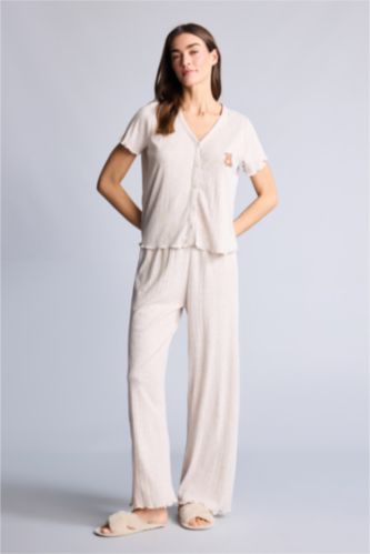 Kadın Bej Melanj Pijama Takımı Ayıcıklı Üst Alt