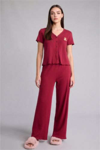 Kadın Bordo Regular Fıt Kısa Kollu 2'li Takım