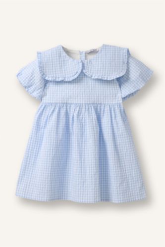 Kız Bebek Açık Mavi Pötikareli Gofre Dokulu Elbise Kız Bebek