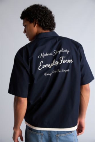 Erkek Lacivert Boxy Fit Kısa kollu Poplin Baskılı Gömlek