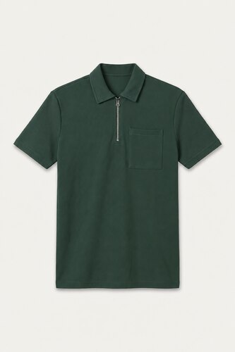 Erkek Yeşil Yarım Fermuarlı Basic Polo Tişört