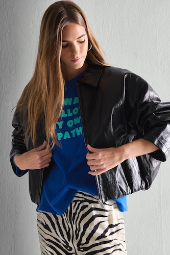 Balloon Fit Polo Collar Faux Leather-Look Zip-Up Jacket