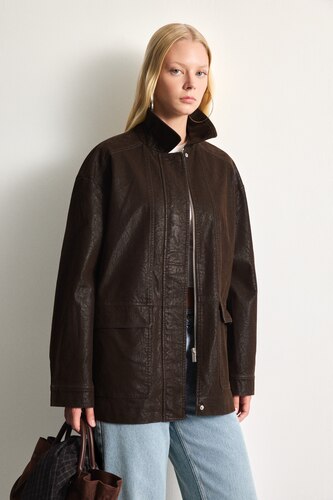 Women Brown Regular Fit Polo Collar Faux Leather Jacket