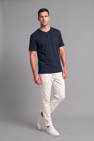 HOMME Marin T-shirt basique à manches courtes en maille gaufrée à col Henley Coupe slim