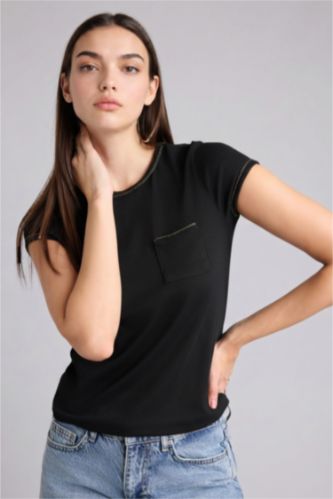 WOMAN Black Slim Fit Ribana Short Sleeve T-Shirt