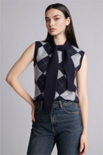 Kadın Lacivert Fıtted Şal Yaka Baklava Desenli Süveter