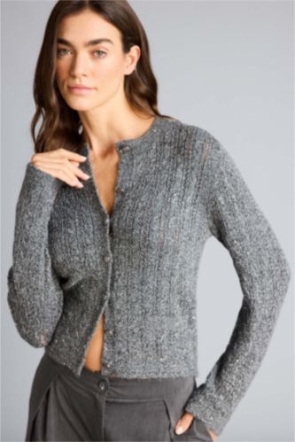 Woman Grey Melange Regular Fit Crew Neck Cardigan