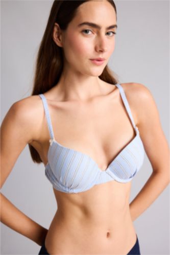 Kadın Açık Mavi Poplin Kaplı Push Up Balenli Çizgili Bra