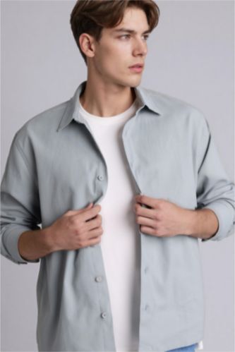 Erkek Açık Gri Boxy Fıt Gömlek Yaka Dokuma Uzun Kollu Gömlek