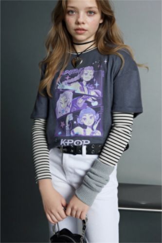 بنات أنثرا تيشيرت بناتي قصة مريحة من فرقة كيبوب ديمون هانترز