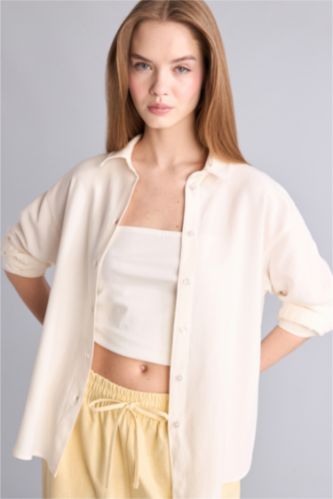 Kadın Beyaz Oversize Uzun Kollu Keten Gömlek