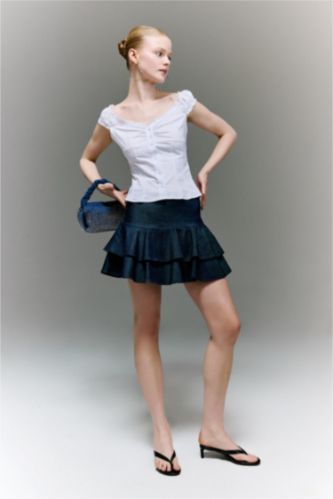 Kadın Mavi Siyah Mini Etek