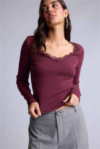 WOMAN Bordeaux Slim Fit Ribana Long Sleeve T-Shirt