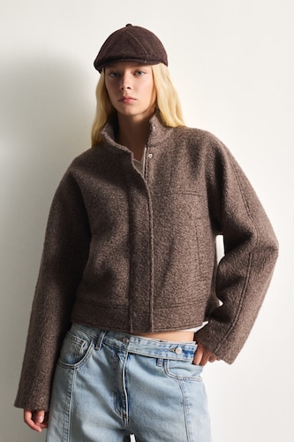 Regular Fit Textured Wool-Blend Polo Collar Cropped Coat