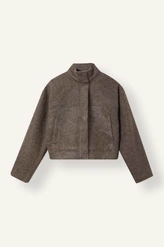Regular Fit Textured Wool-Blend Polo Collar Cropped Coat