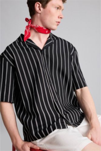 Erkek Siyah Boxy Fit Kısa kollu Gömlek