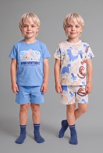 Erkek Bebek Mavi %100 Pamuk Dinozor Baskılı 2'li Pijama Takımı Erkek Bebek