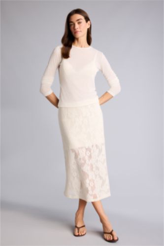 Kadın Kırık Beyaz Kalem Normal Bel Midi Etek