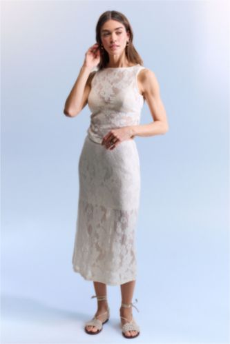 WOMAN White جيبة تريكو ميدي بنسل بخصر عادي