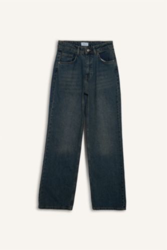 Kadın Mavi 90's Wıde Leg Yüksek Bel Uzun Jean Yıkamalı Pantolon