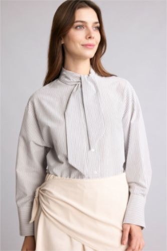 Kadın Kırık Beyaz Relax Fıt Çizgili Poplin Tunik