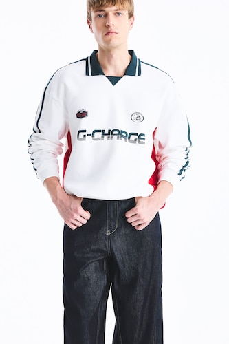 MAN Ecru Boxy Fit Printed Long Sleeve Polo Collar Sweatshirt